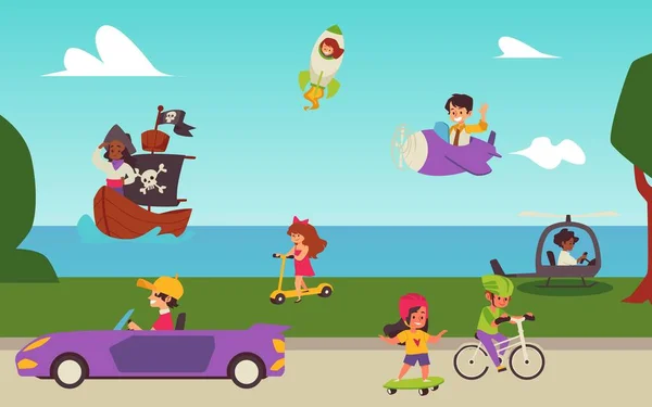 Banner con bambini a terra, trasporto marittimo e aereo, illustrazione vettoriale piatta. — Vettoriale Stock