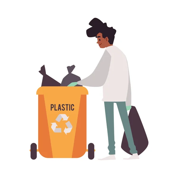 El hombre pone basura en contenedor de basura, ilustración vectorial plana aislada. — Vector de stock