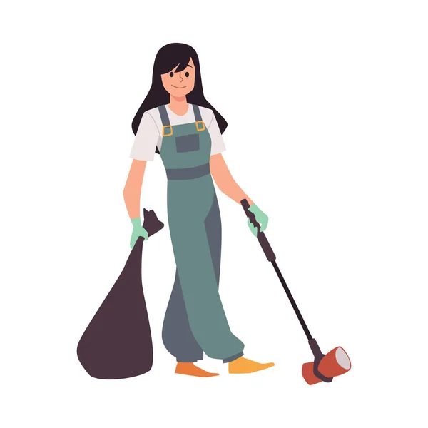 Femme bénévole ramassant des ordures dans un sac, illustration vectorielle plate isolée. — Image vectorielle