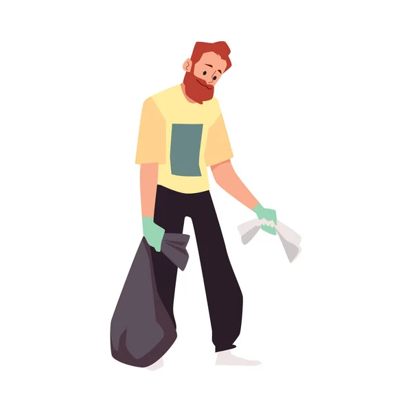 Uomo che partecipa alla pulizia campagna di volontariato piatto illustrazione vettoriale isolato. — Vettoriale Stock