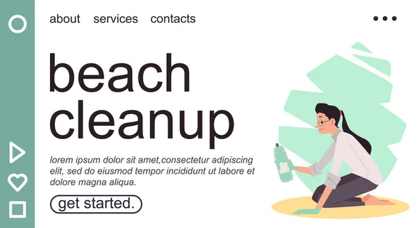 Strand schoonmaak website lay-out voor vrijwillige beweging, vlakke vector illustratie. — Stockvector