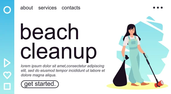 Strand schoonmaak website mockup met vrijwilliger vrouw platte vector illustratie. — Stockvector