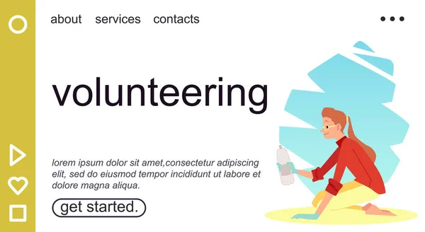Önkéntes honlap ökológussal vagy önkéntessel, lapos vektor illusztráció. — Stock Vector