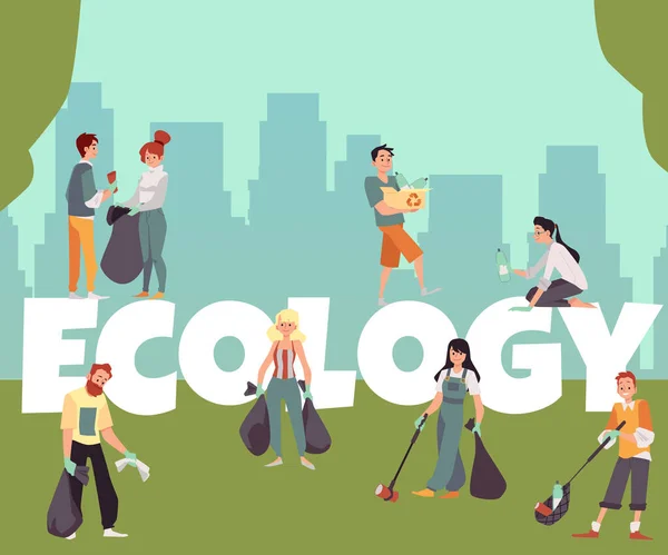 Ecologie spandoek met vrijwilligers die afval ophalen, vlakke vector illustratie. — Stockvector