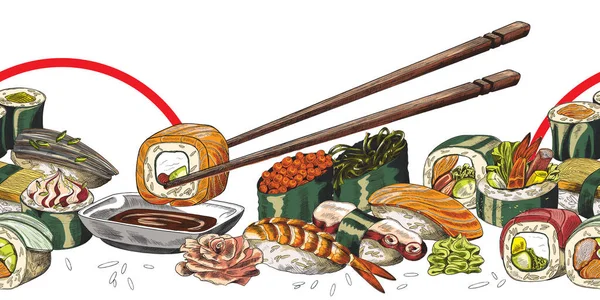 Bordure transparente de la nourriture japonaise avec divers éléments de sushi dans le vecteur de croquis — Image vectorielle