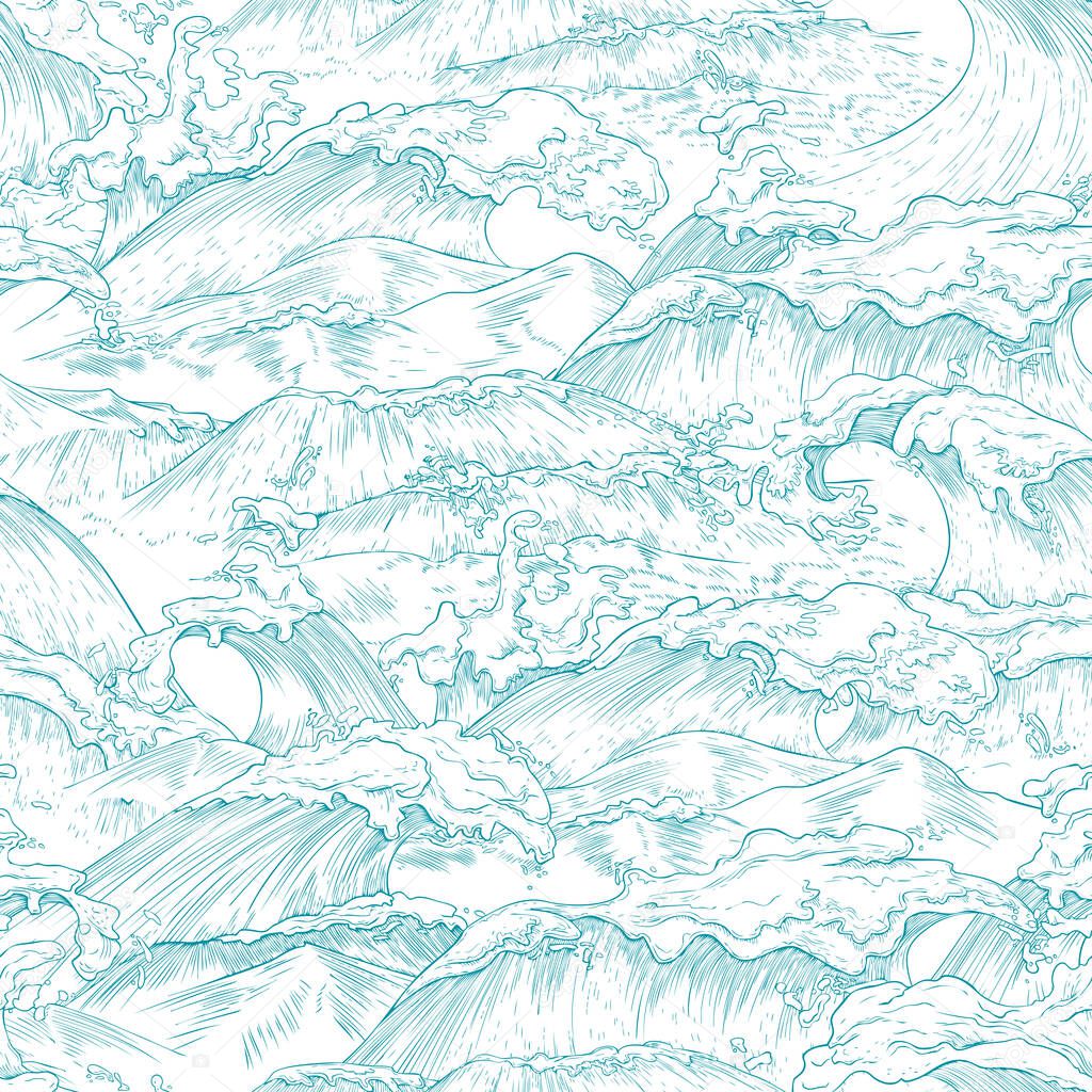 Beautiful vector marine seamless pattern with sea or ocean tsunami waves.