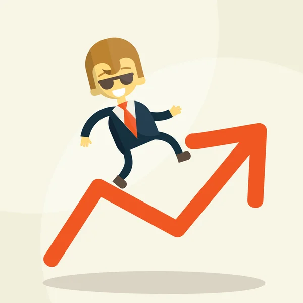 Fröhlicher Geschäftsmann erklimmt Balkendiagramm — Stockvektor