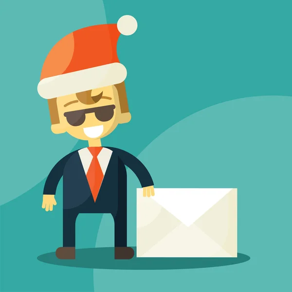 Счастливый бизнесмен в шляпе Санта Клауса. Письмо с хорошими новостями. Рождественские письма — стоковый вектор