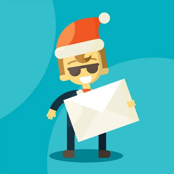 Happy businessman in Santa Claus hat. Letter — Stock Vector