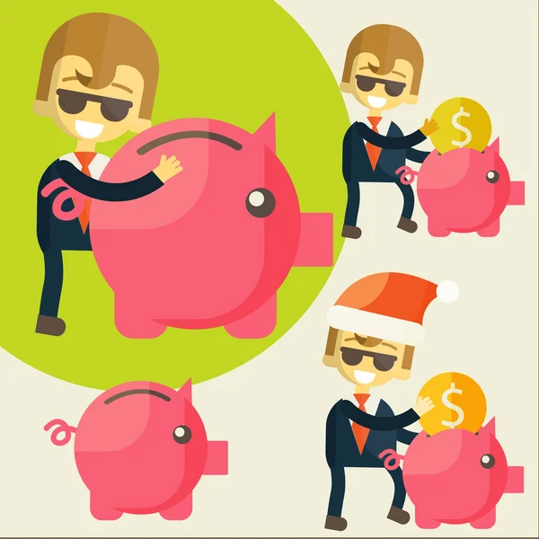 Empresario ahorra dinero en Piggy Bank . — Vector de stock