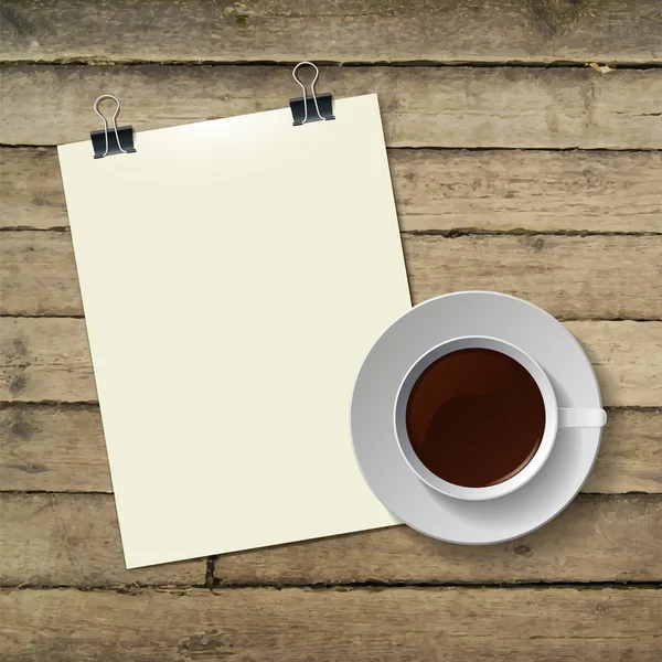 Cup of hot coffee and note paper on wood background — Stock Vector