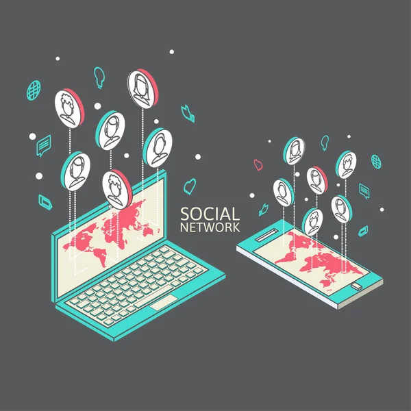 Conceptual image with social networks. Flat isometry — Stock Vector