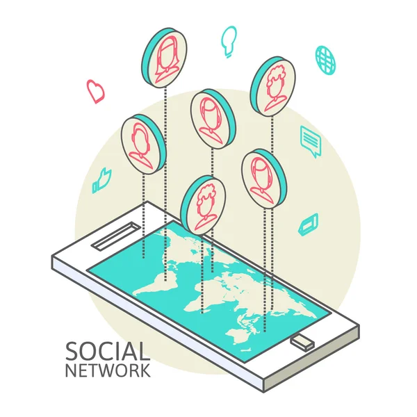 Conceptual image with social networks. Flat isometry — Stock Vector