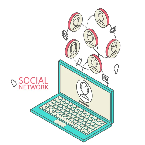 社会的なネットワークの概念図。フラット等尺性 — ストックベクタ