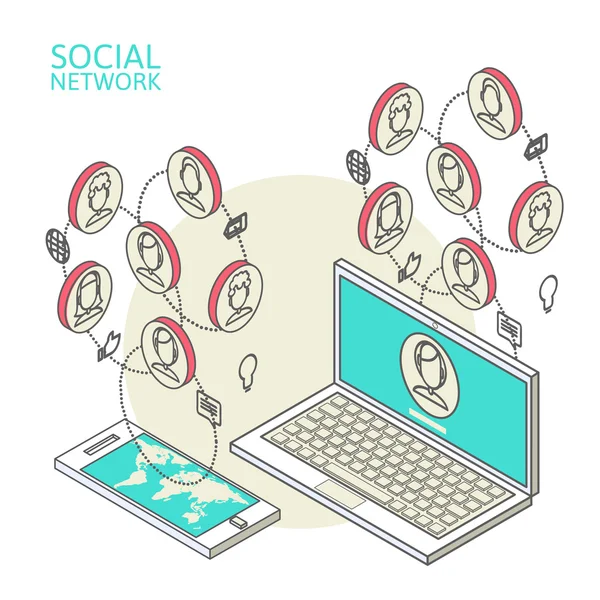 Image conceptuelle avec les réseaux sociaux. Isométrie plate — Image vectorielle