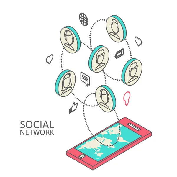 Immagine concettuale con i social network. isometria piatta — Vettoriale Stock