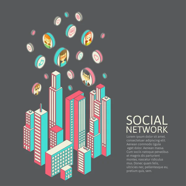 Imagen conceptual con redes sociales. isométrico plano — Vector de stock