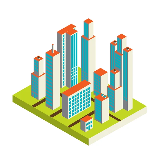 Vector isométrico centro de la ciudad en el mapa con un montón de edificios — Archivo Imágenes Vectoriales