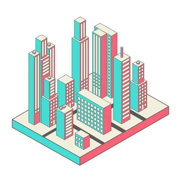 Vector isométrico centro de la ciudad en el mapa con un montón de edificios — Archivo Imágenes Vectoriales