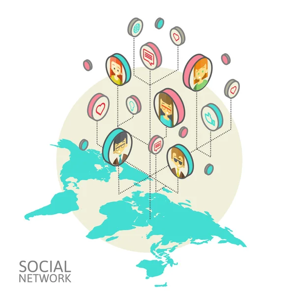 Imagen conceptual con redes sociales. isometría plana — Vector de stock