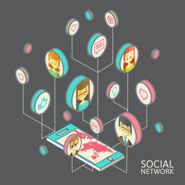 Image conceptuelle avec les réseaux sociaux. Isométrie plate — Image vectorielle