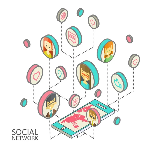 Imagen conceptual con redes sociales. isometría plana — Vector de stock