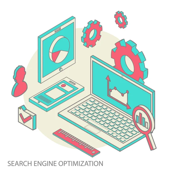 Diseño isométrico concepto moderno de análisis de sitios web y análisis de datos SEO — Archivo Imágenes Vectoriales