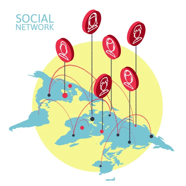 社会的なネットワークの概念図。フラット アイソ メトリック図法 — ストックベクタ