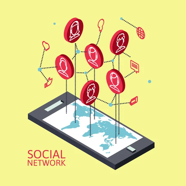 Konceptuella bild med sociala nätverk. Platt isometrier — Stock vektor