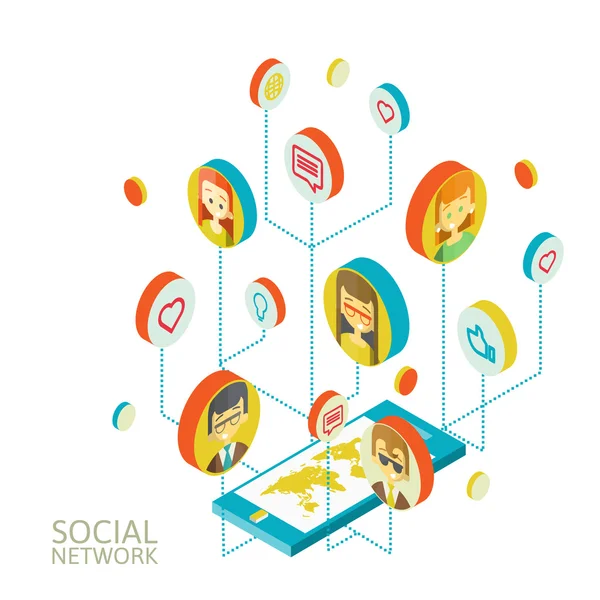 Imagen conceptual con redes sociales. isometría plana — Vector de stock