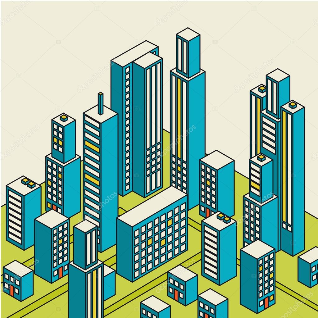 Vector isometric city center on the map with lots of buildings