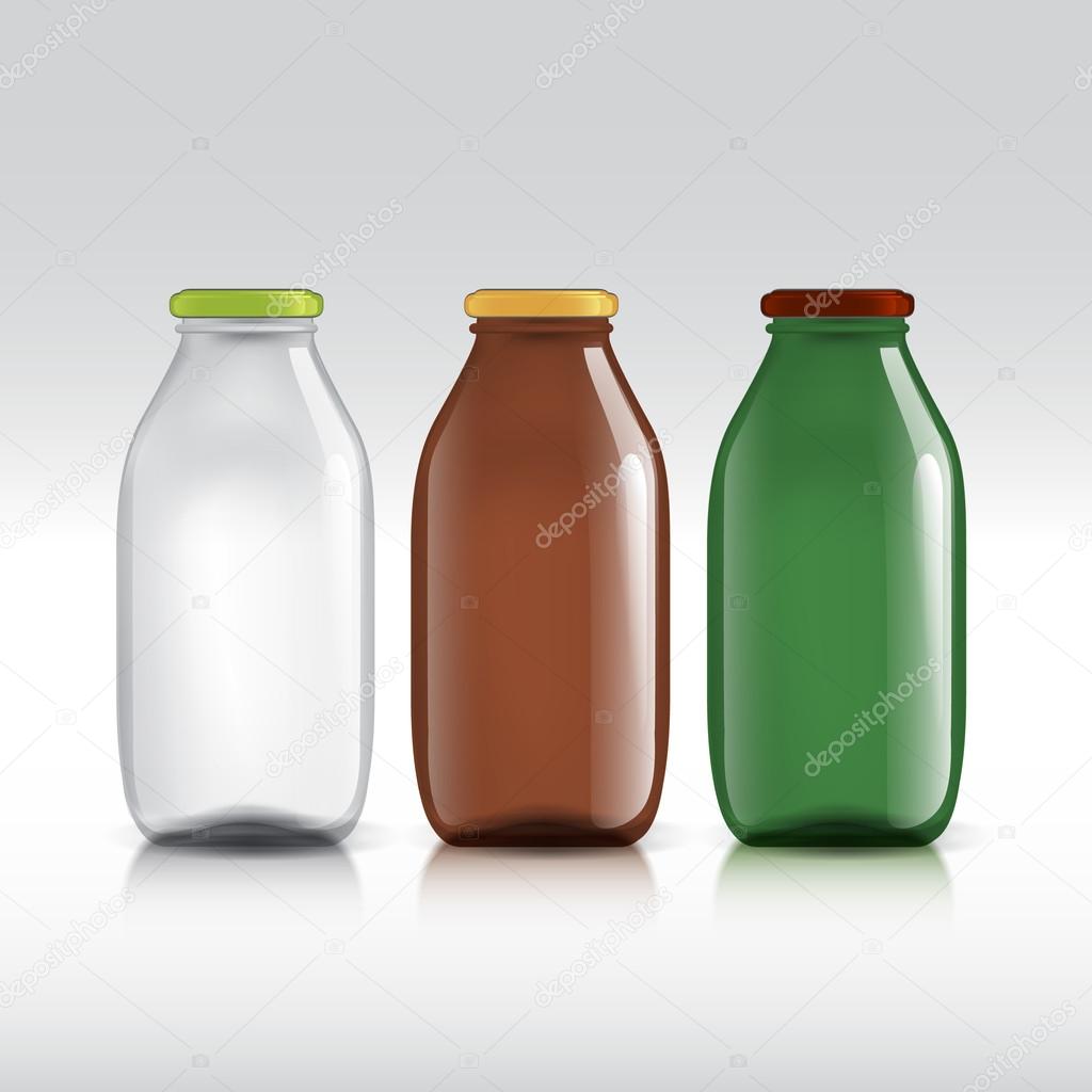 Realistic bottles of glass. package for milk, juice