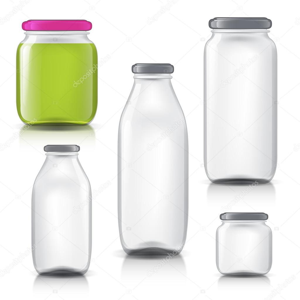 Glass bottles empty transparent set. Template of glass jars. Bank juice, jam, liquids
