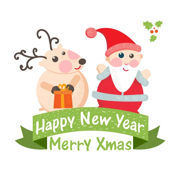 Schattig Kerstkaart met Santa en herten. — Stockvector