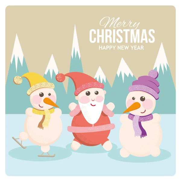 Père Noël et bonhomme de neige sur une carte de vacances joyeuse — Image vectorielle
