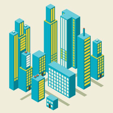 Vector isometric city center on the map with lots of buildings clipart
