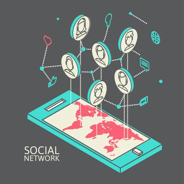 Conceptuele afbeelding met sociale netwerken. Platte isometrie — Stockfoto
