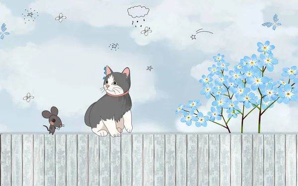 Illustration for a nursery, kitten and mouse on the fence, blue flowers, gray sky