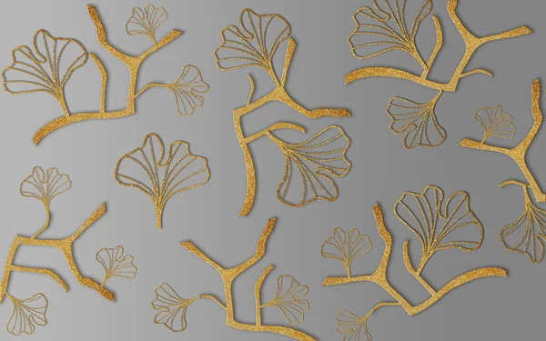 3d illustration, abstract golden plants pattern on gray gradient background