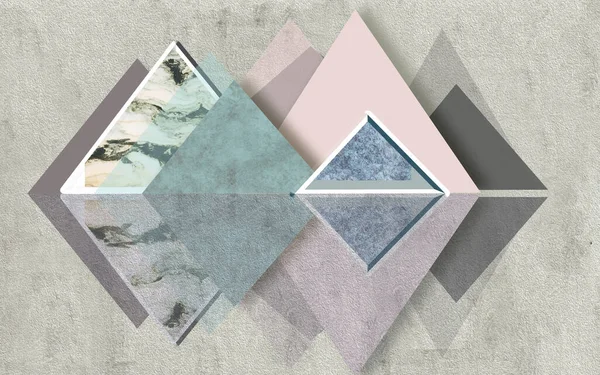 3d geometric illustration, pink, dark gray, and marble triangles with reflection on gray textured background