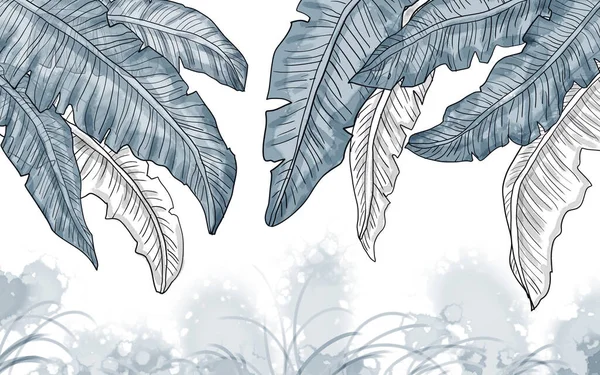 Monochrome illustration, large tropical leaves on a light blurred background