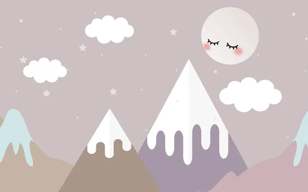 Illustration for children\'s room, snow-capped mountains, cloudy sky with stars and embarrassed full moon