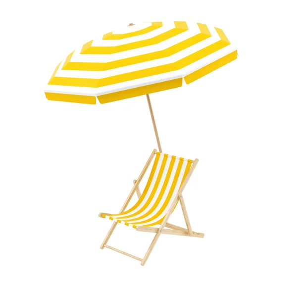 Solstol med paraply, isolerad på vit — Stockfoto