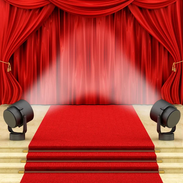 红色的窗帘与舞台灯光 — 图库照片