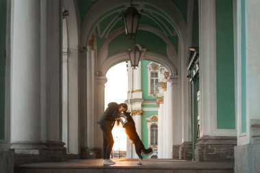 St. Petersburg 'daki köprülerin arka planında bir kız ve bir köpek