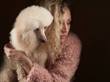 Kıvırcık kız ve kaniş. Sahibine benzeyen bir köpek. Stüdyoda portre