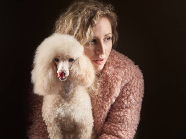 Kıvırcık kız ve kaniş. Sahibine benzeyen bir köpek. Stüdyoda portre