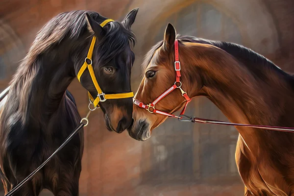 Zeichnung eines Pferdes, Porträt, auf grünem Hintergrund, handgezeichnet — Stockfoto