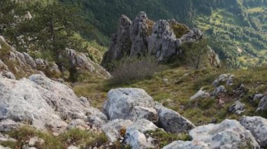 Beyaz kayaları ve vadiye inen çimenli dağ yamaçlarını gösteren durağan bir 4K çerçeve. Görüntü pürüzü ve doğal dokuları yansıtıyor..