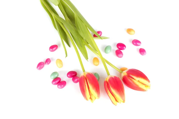 Lale çiçek ve üzerinde beyaz izole Paskalya yumurtaları — Stok fotoğraf